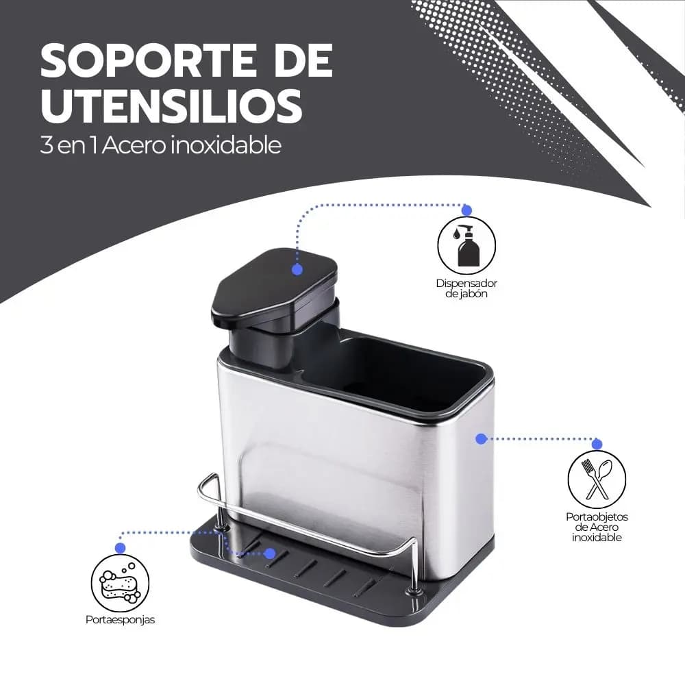 Soporte De Utensilios 3 En 1 Acero Inoxidable + Dispensador — imagen 3