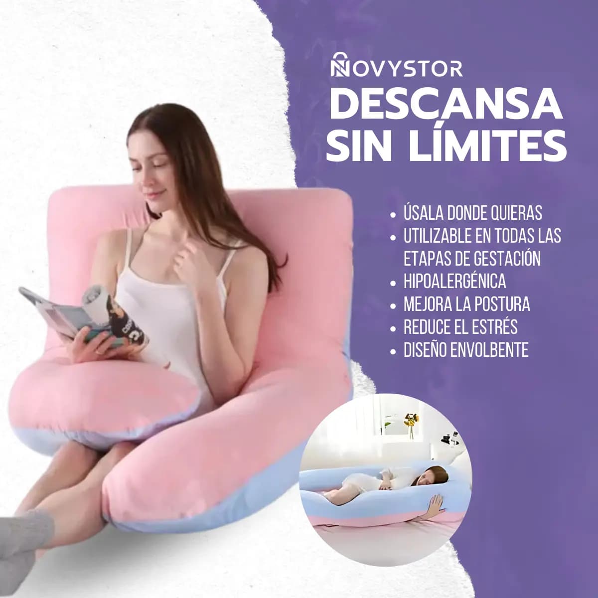 Almohada Embarazo Tipo U Rosa Poliéster Suave Y Ergonómica — imagen 7