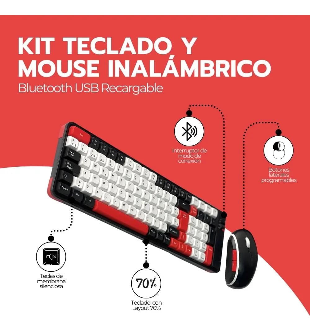 Kit Teclado Y Mouse Inalámbrico Bluetooth Recargable Rojo — imagen 3