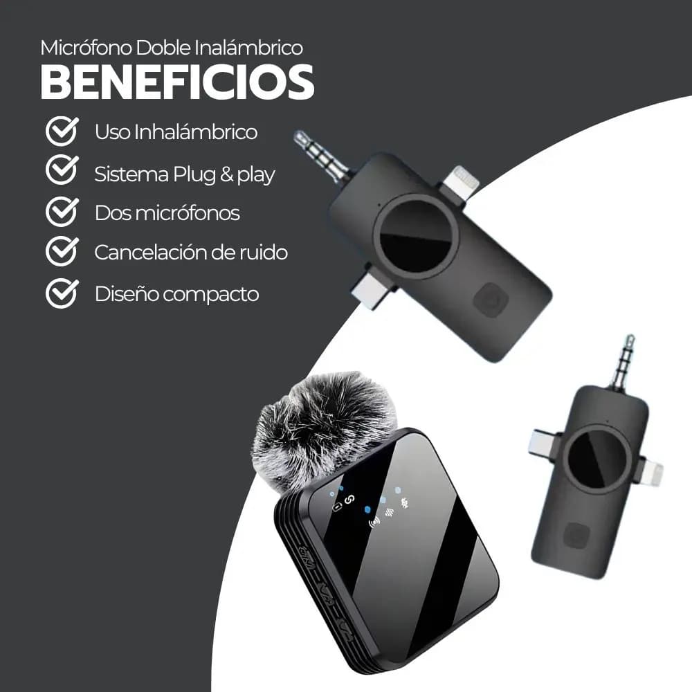 Micrófono Doble Inalámbrico Con Receptor 3 En 1 Universal Negro — imagen 4