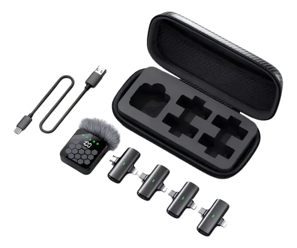 Micrófono Lavalier Inalámbrico 4 En 1 Grabación Pro Negro