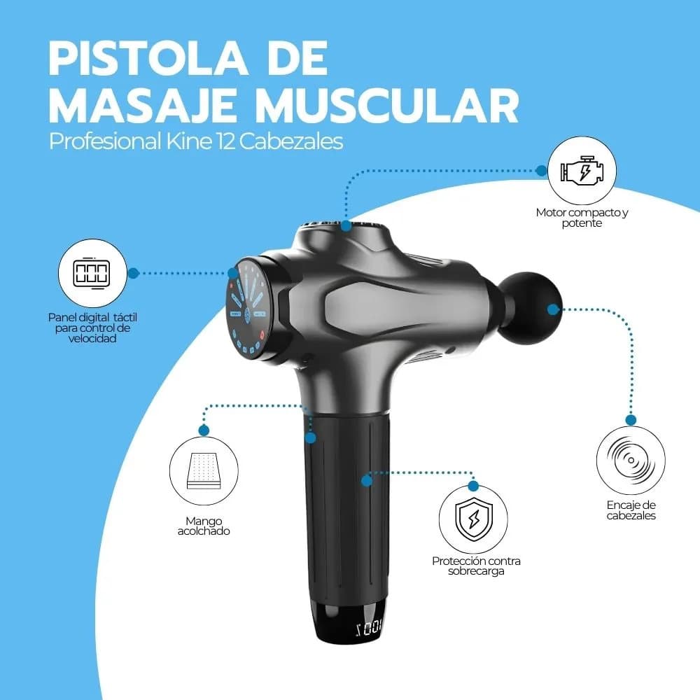 Masajedor Muscular Pistola Masaje Profesional Kine 12 Cabeza Gris — imagen 3