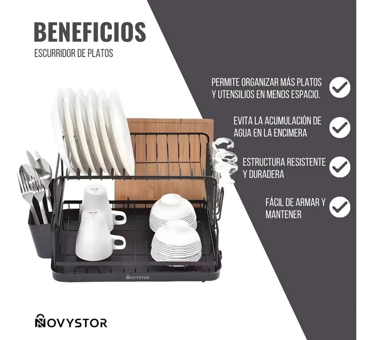 Escurridor De Platos Acero Inoxidable Novystor 2 Niveles Negro — imagen 6