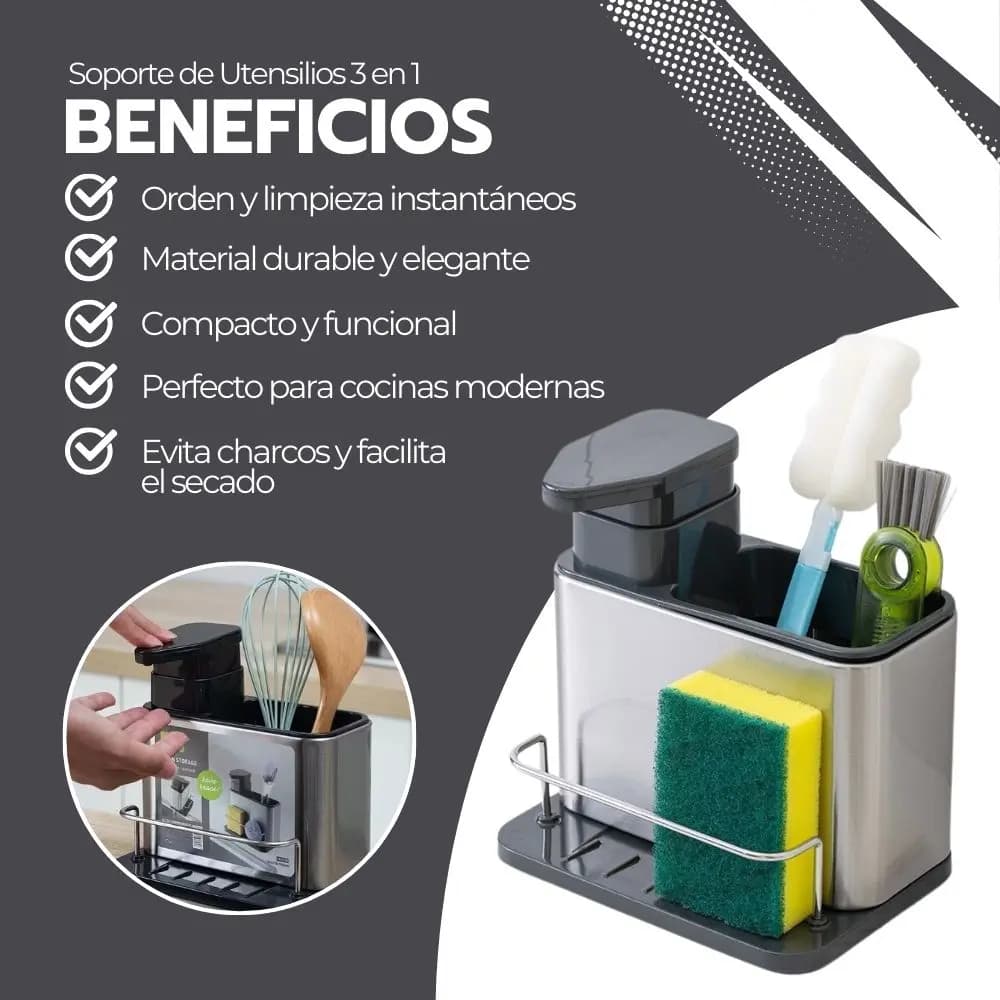 Soporte De Utensilios 3 En 1 Acero Inoxidable + Dispensador — imagen 4