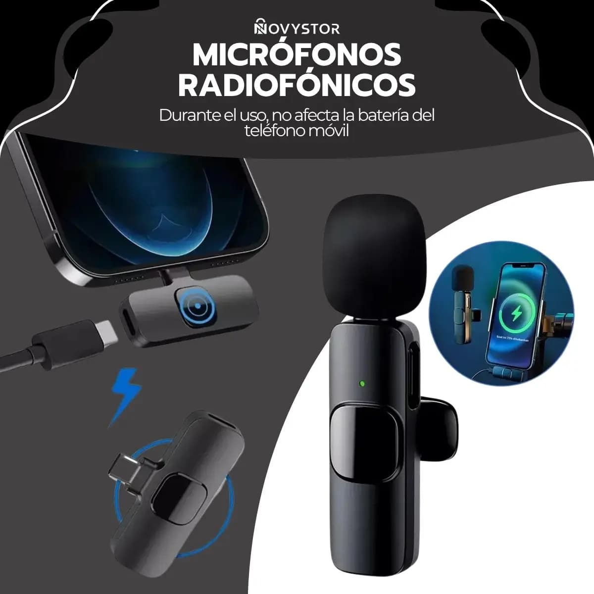Pack 2 Micrófonos Inalámbricos 360° Tipo C Y iPhone 20m Negro — imagen 5