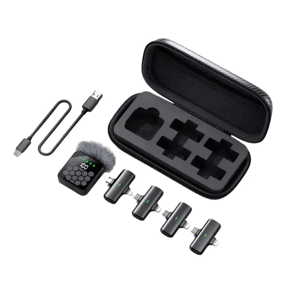 Micrófono Lavalier Inalámbrico 4 En 1 Grabación Pro Negro