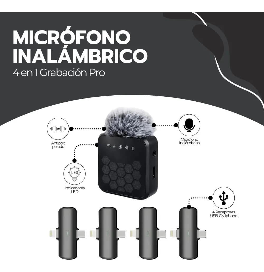 Micrófono Lavalier Inalámbrico 4 En 1 Grabación Pro Negro — imagen 3