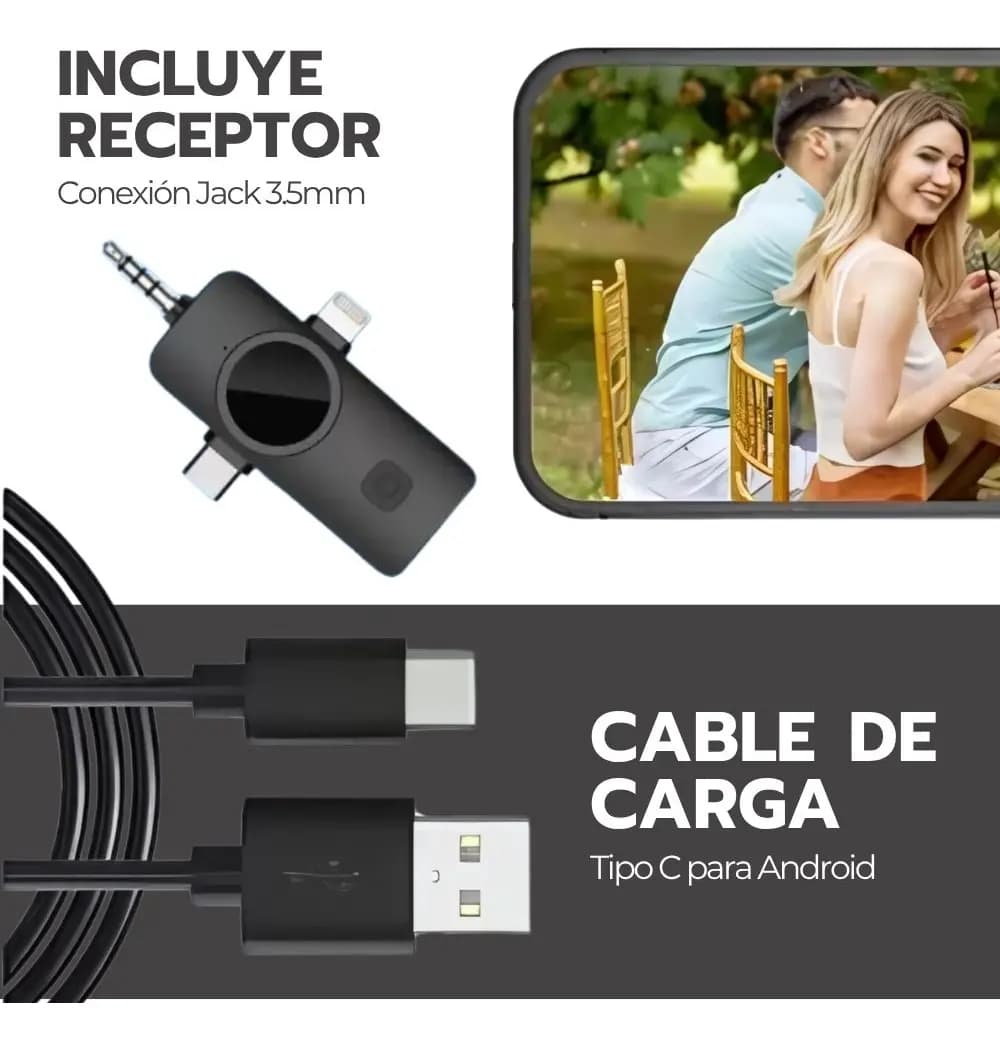 Micrófono Doble Inalámbrico Con Receptor 3 En 1 Universal Negro — imagen 6