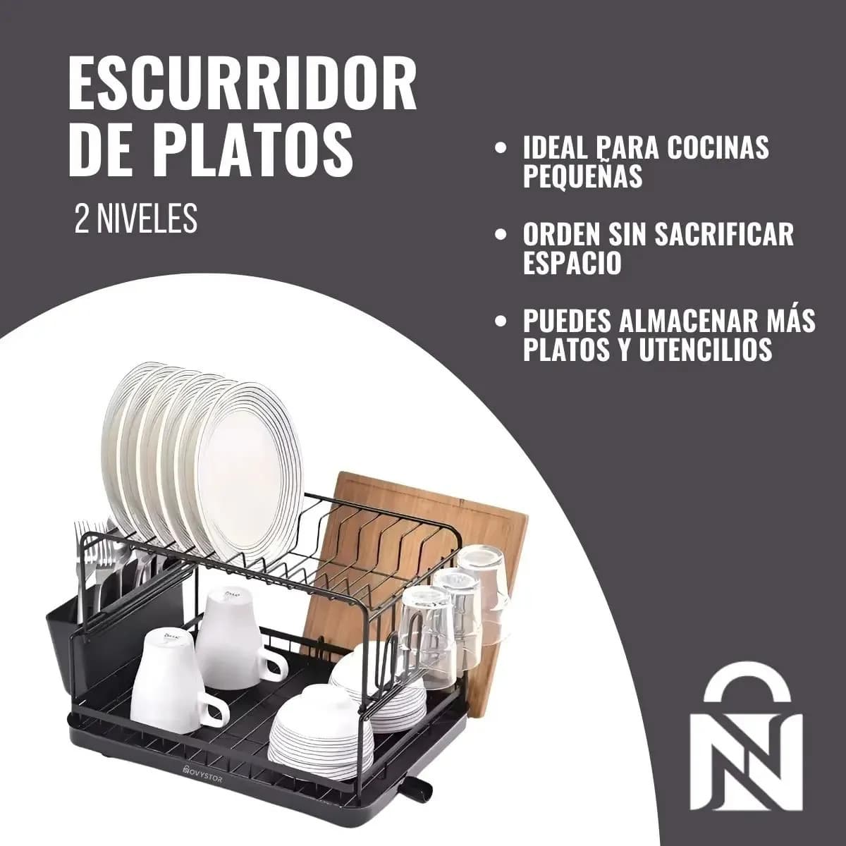 Escurridor De Platos Acero Inoxidable Novystor 2 Niveles Negro — imagen 3