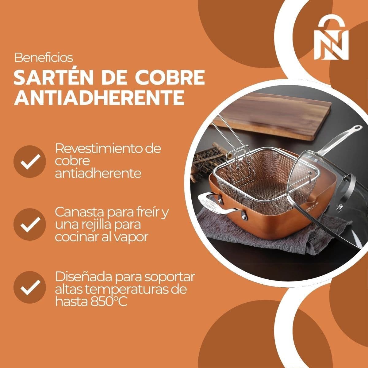 Sartén De Cobre Multiuso Antiadherente Cesta Freír Cerámica — imagen 4