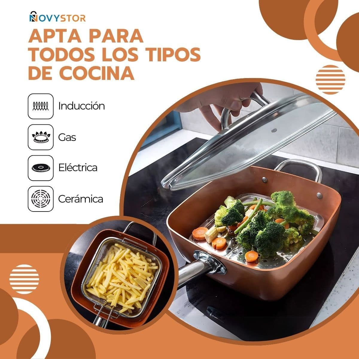 Sartén De Cobre Multiuso Antiadherente Cesta Freír Cerámica — imagen 6
