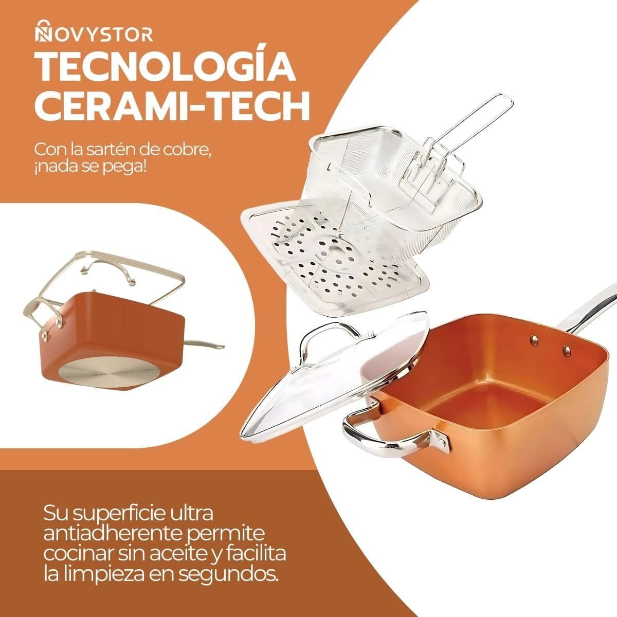 Sartén De Cobre Multiuso Antiadherente Cesta Freír Cerámica — imagen 8