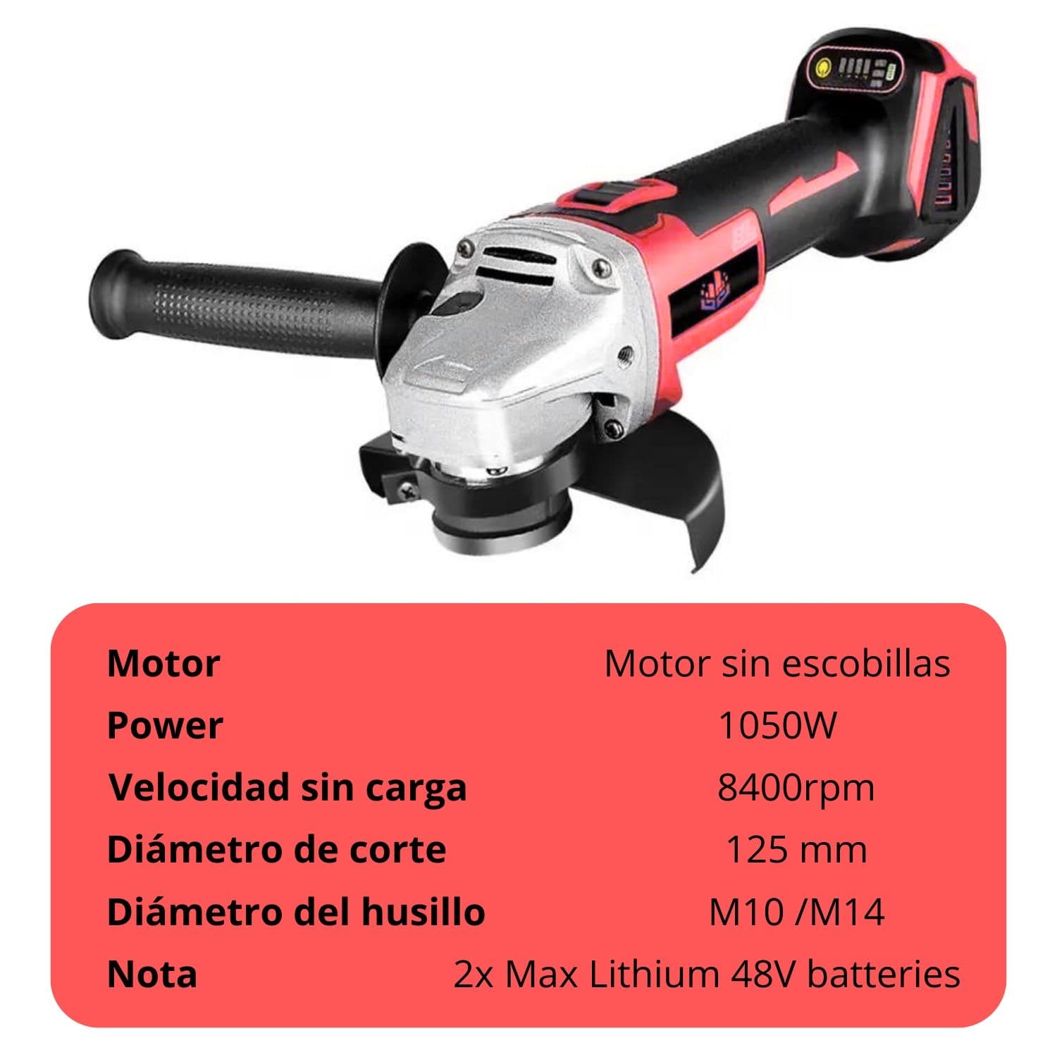 Esmeril angular inalámbrico 4,5" 48V +2 batería +Accesorios — imagen 6