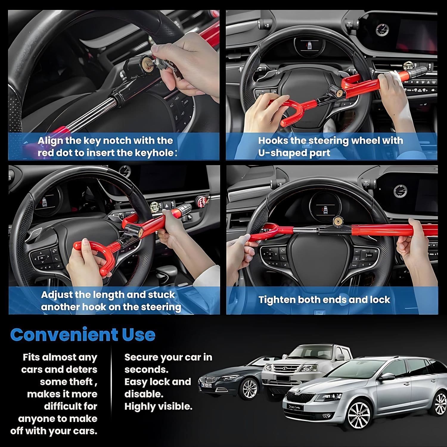 Traba Volante de Seguridad Antirrobo de Auto + 2 Llaves — imagen 8