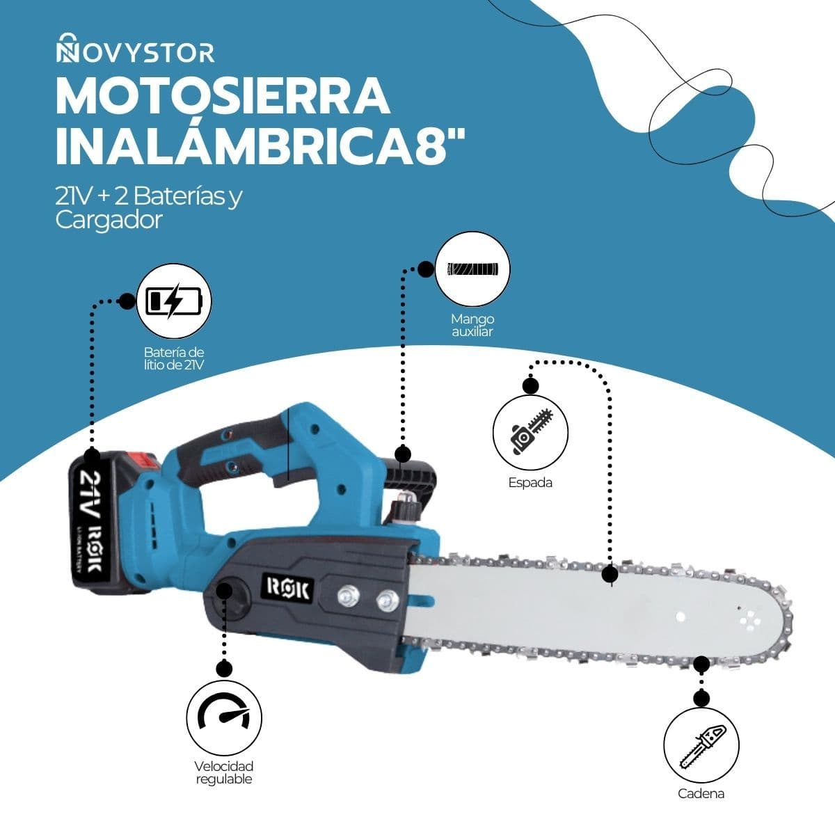 Motosierra Eléctrica ROK 12" 900W 21V 2 Baterías Litio — imagen 3