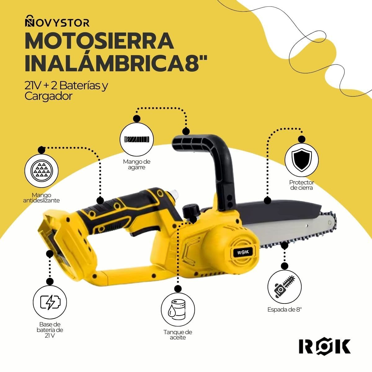 Motosierra Inalámbrica ROK 8" 21V + 2 Baterías y Cadena — imagen 3