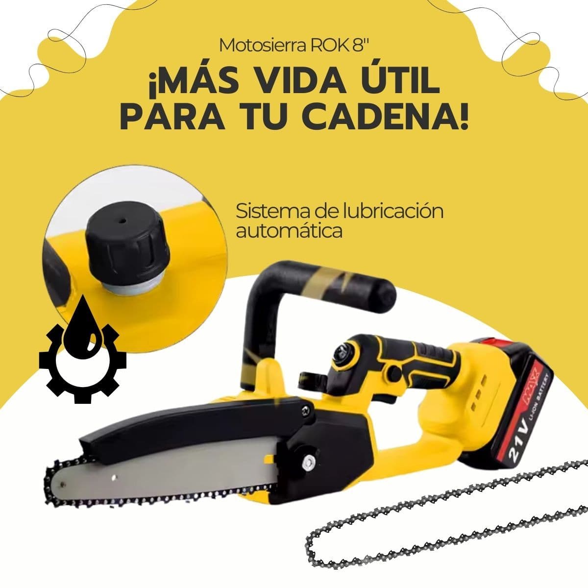 Motosierra Inalámbrica ROK 8" 21V + 2 Baterías y Cadena — imagen 7