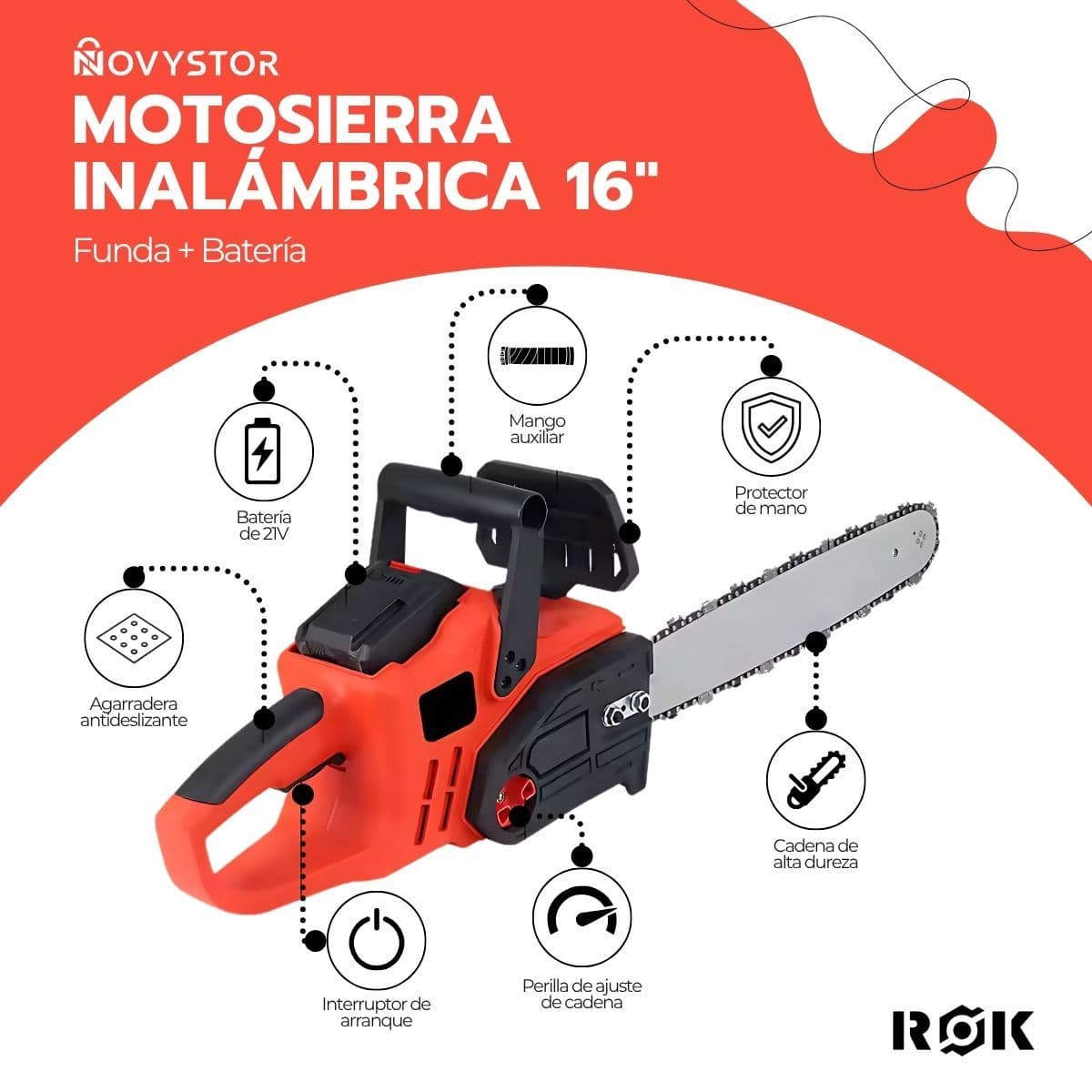 Motosierra Eléctrica ROK Inalámbrica 16'' + Funda Protectora — imagen 3