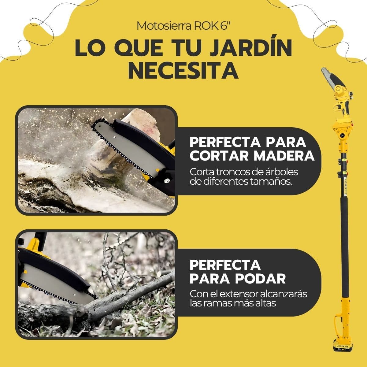 Motosierra 6” ROK Inalámbrica + Extensor y 2 Baterías — imagen 6
