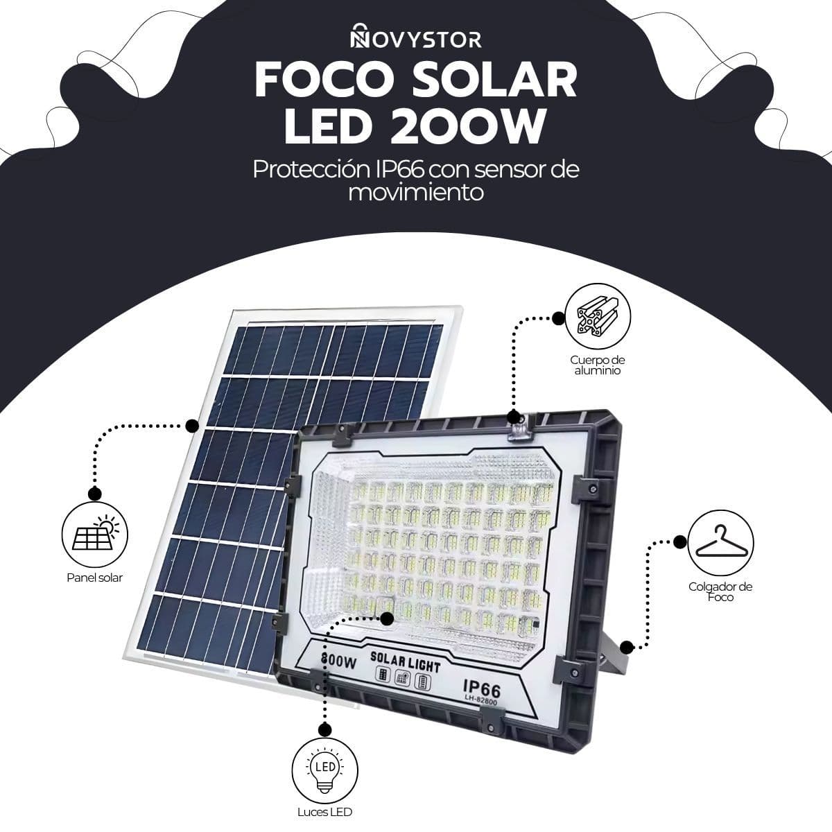 Foco Solar LED 200W IP66 con Sensor Movimiento y Control — imagen 3