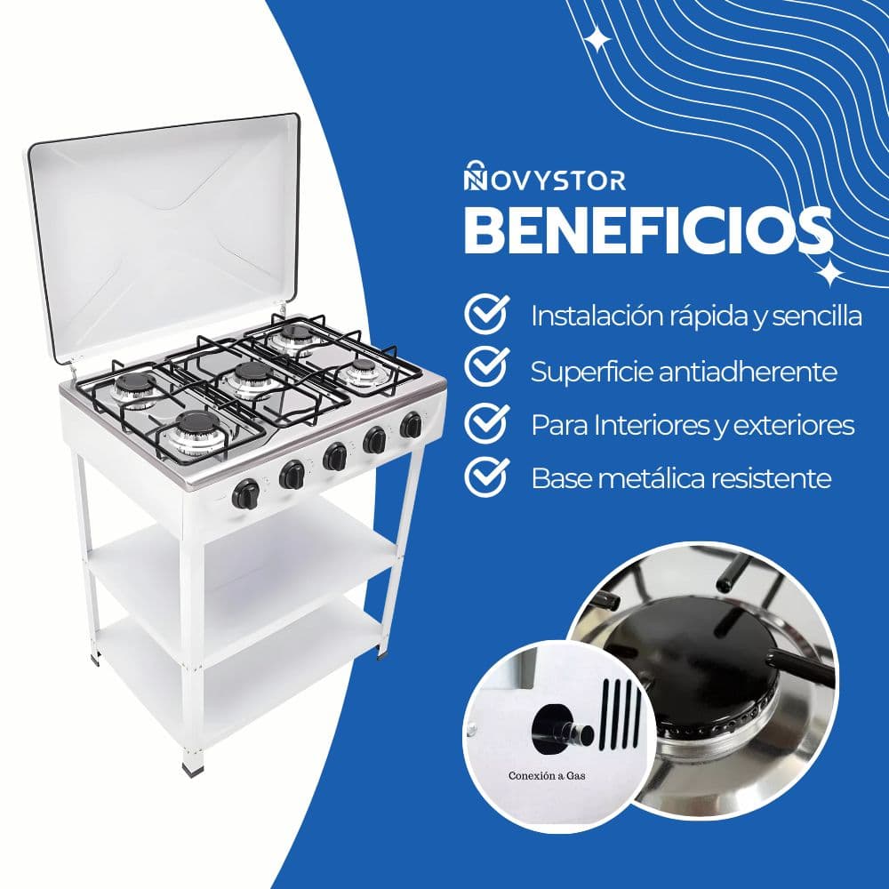 Cocina Encimera Gas 5 Platos con Mesa y Tapa de Acero — imagen 4
