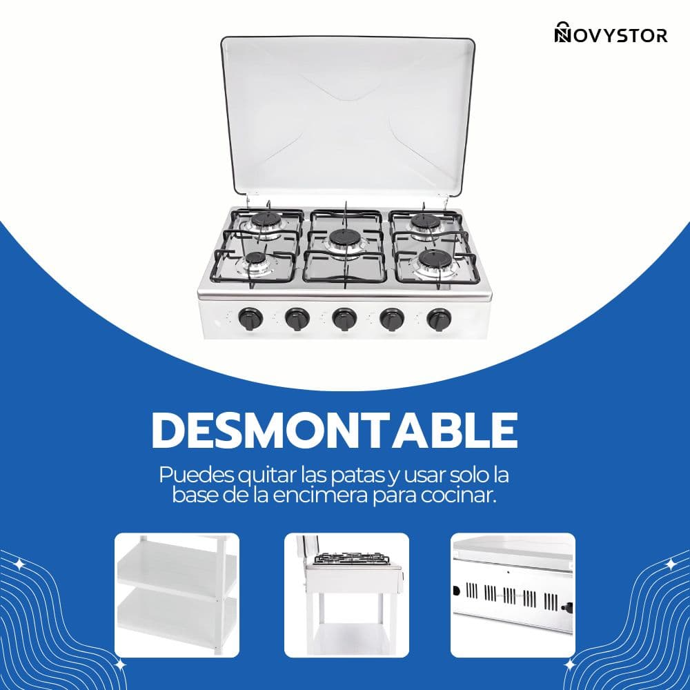 Cocina Encimera Gas 5 Platos con Mesa y Tapa de Acero — imagen 6