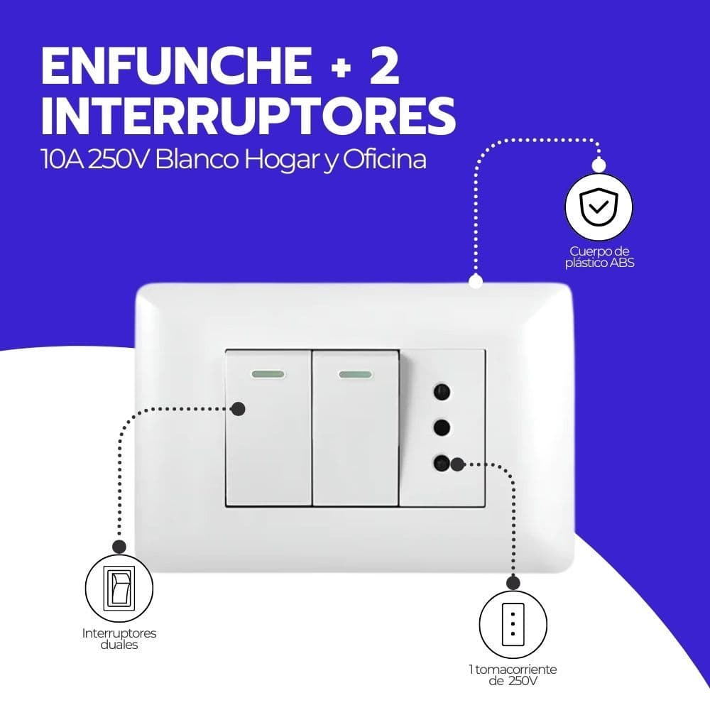 Enfunche + 2 interruptores 10A 250V Blanco Hogar y Oficina — imagen 3