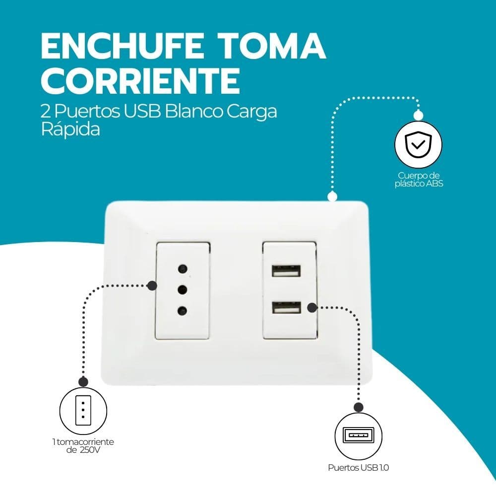 Enchufe Toma Corriente + 2 Puertos USB Blanco Carga Rápida — imagen 3
