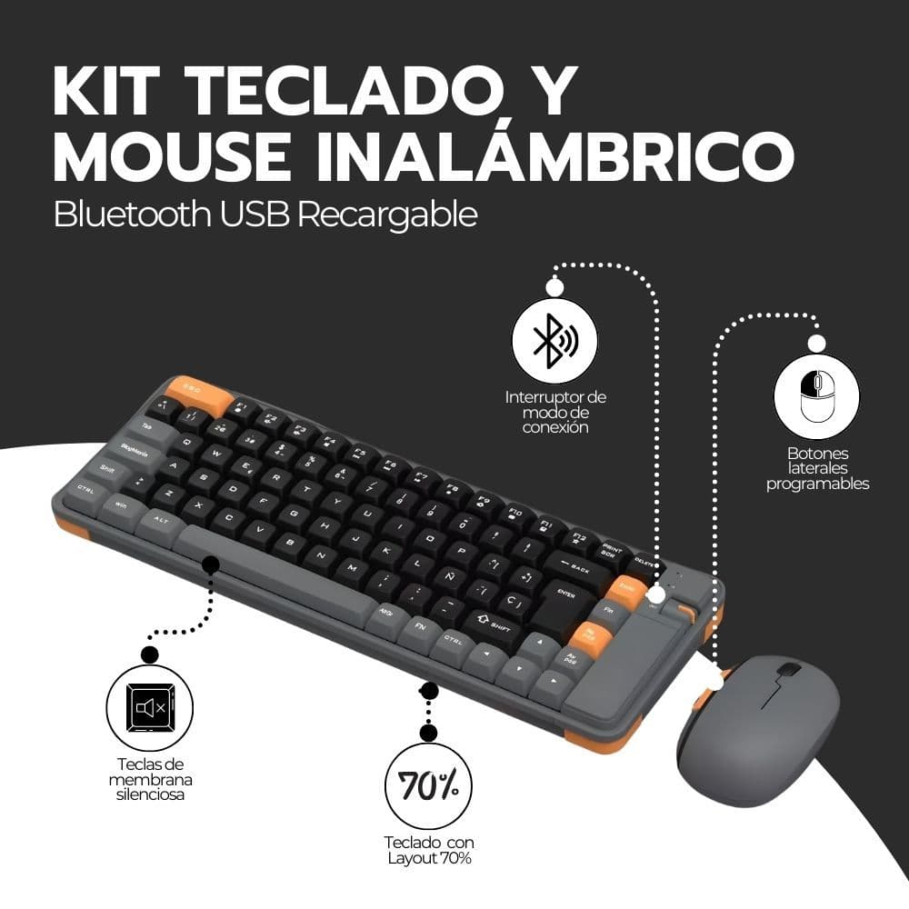 Kit Teclado y Mouse Inalámbrico Bluetooth USB Amarillo — imagen 3