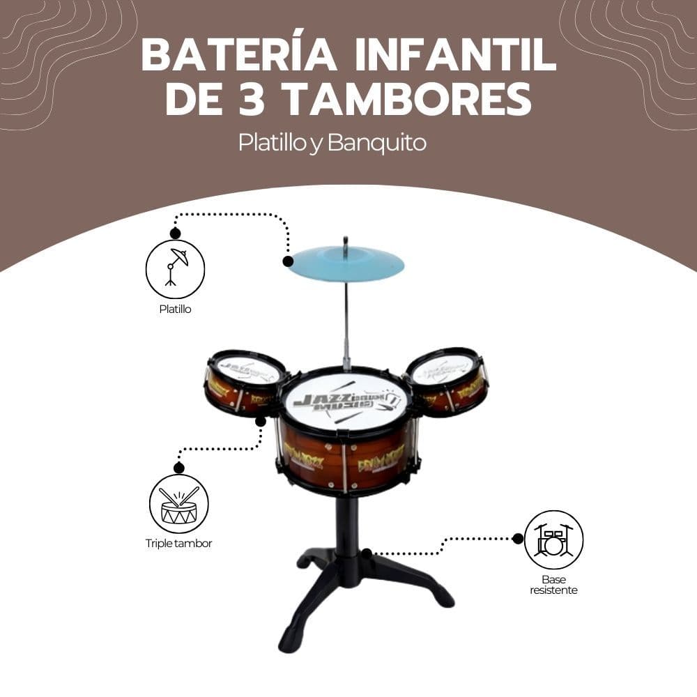 Batería Infantil de 3 Tambores con Platillo y Banquito — imagen 3