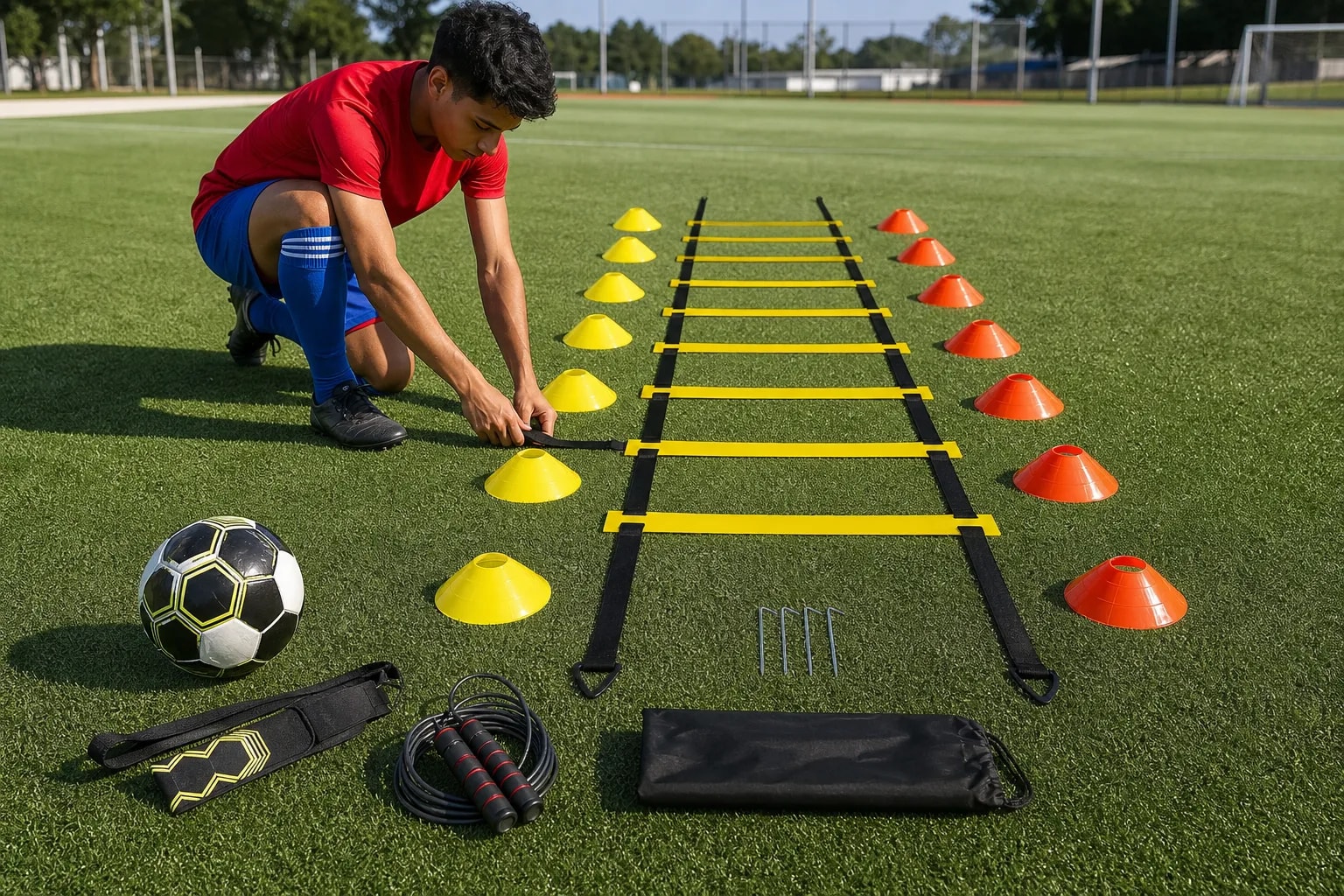 Kit Entrenamiento Agilidad Fútbol con Escalera de Coordinación, Conos y Cuerda de Salto | Equipamiento Deportivo para Velocidad y Resistencia en detalle