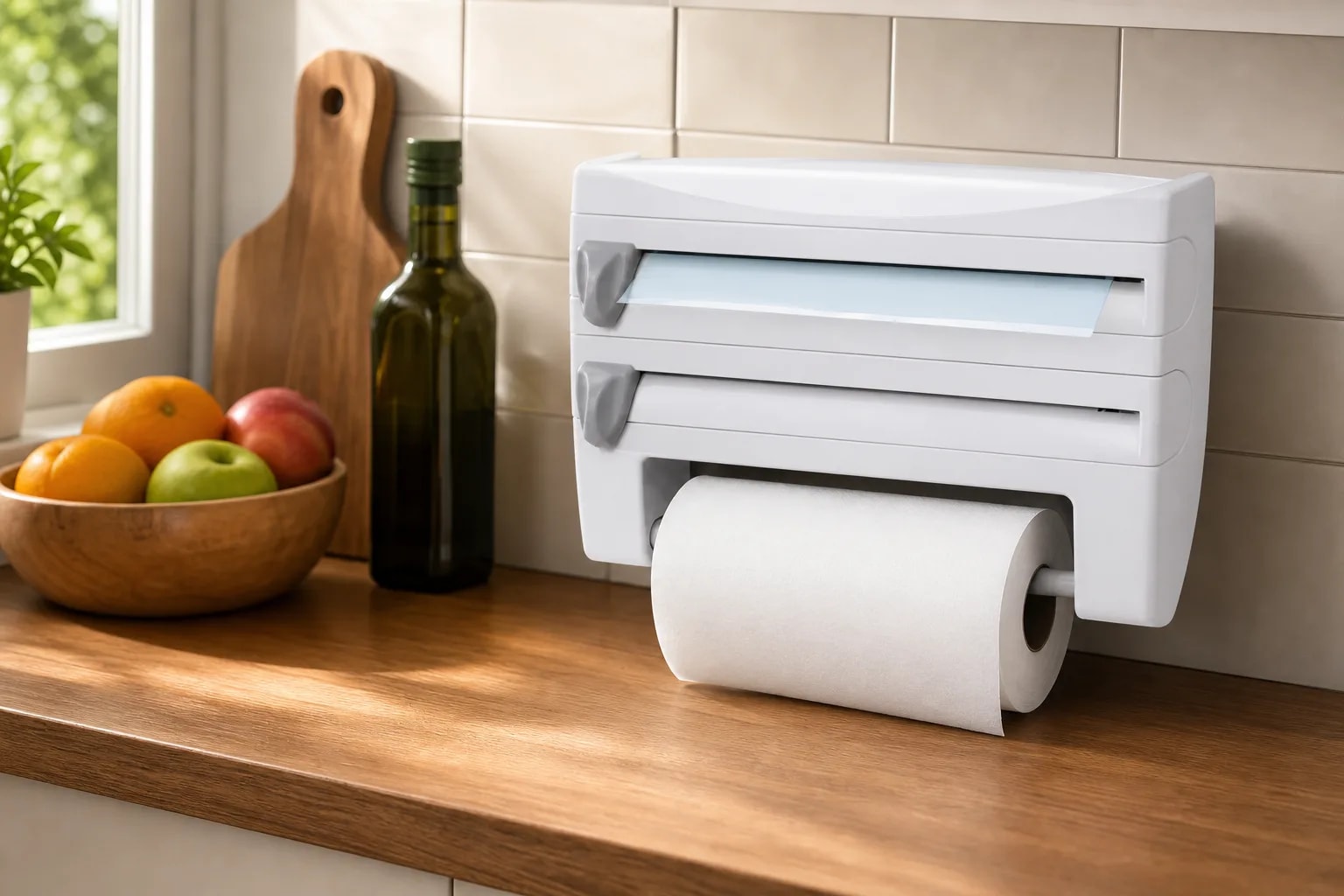 Dispensador de Papel Cocina 4 en 1 con Cuchillas para Aluminio, Film y Toalla | Organizador Multifuncional | Novystor