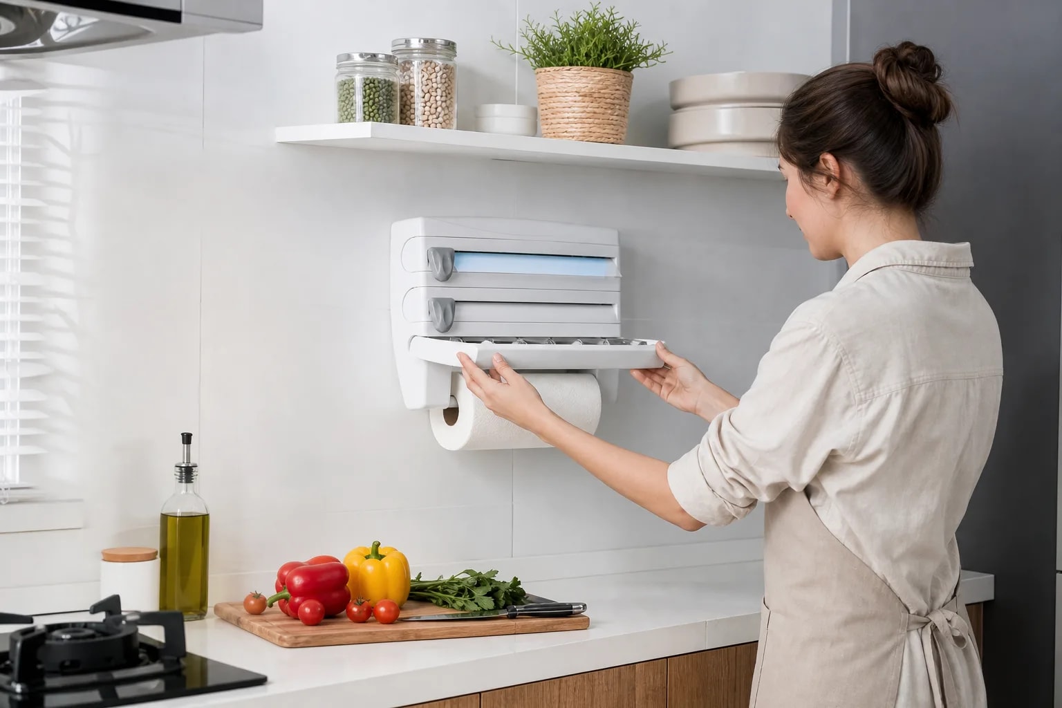 Dispensador de Papel Cocina 4 en 1 con Cuchillas para Aluminio, Film y Toalla | Organizador Multifuncional | Novystor en detalle
