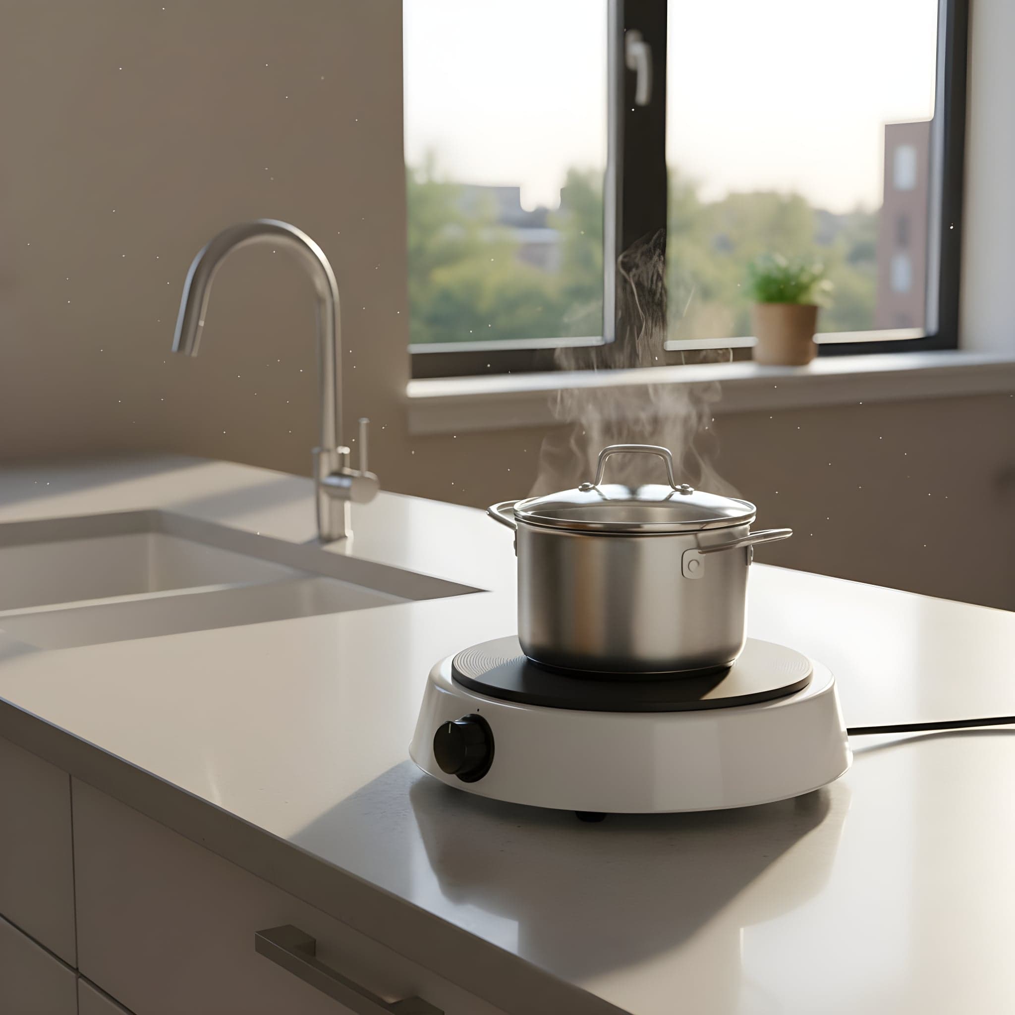 Cocinilla eléctrica NOVYHOME en uso en una cocina de departamento