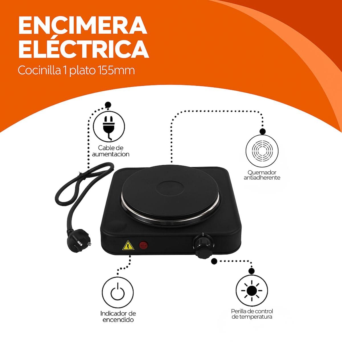 Cocinilla Eléctrica Portátil 1 Plato 155mm Acero Inox Negro — imagen 3