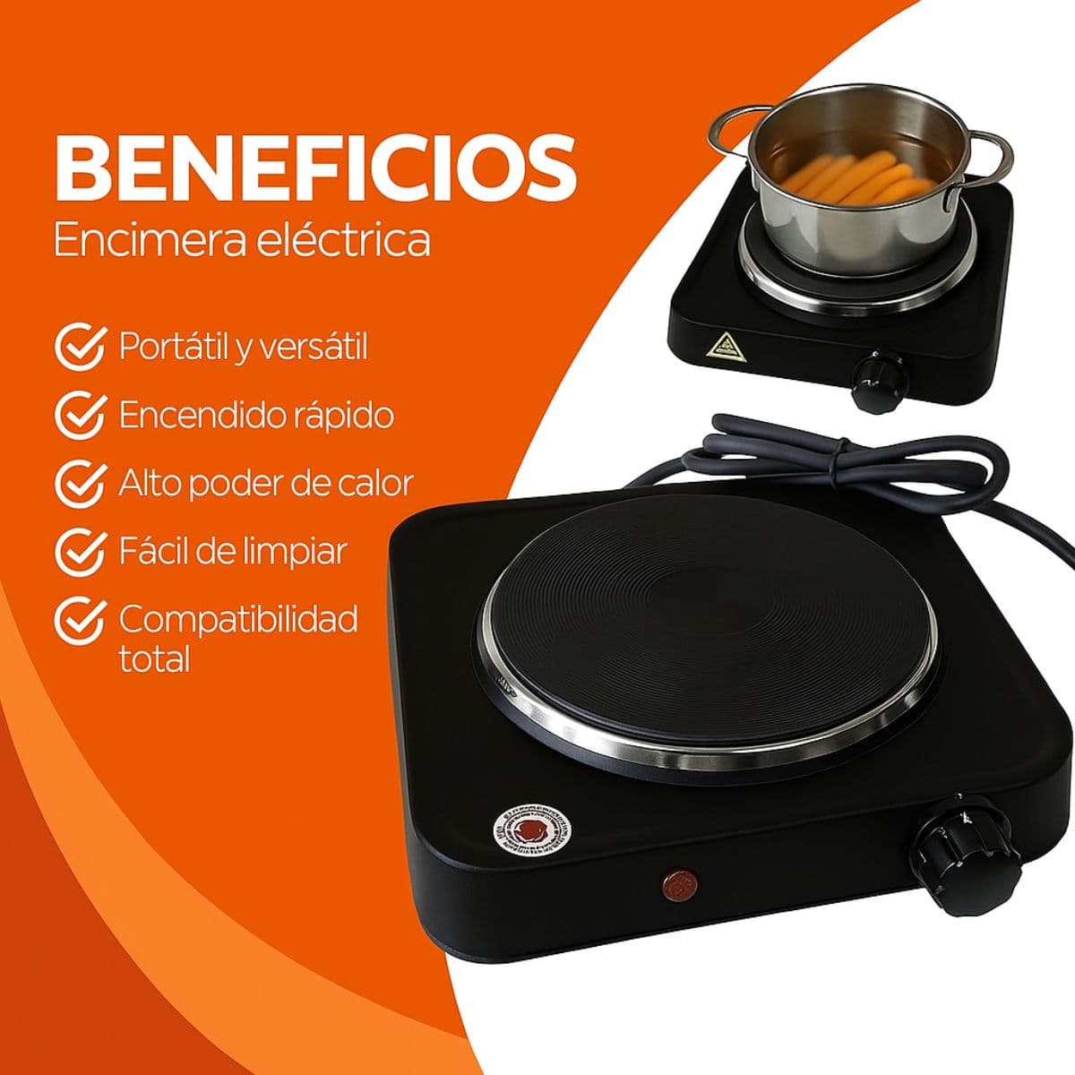 Cocinilla Eléctrica Portátil 1 Plato 155mm Acero Inox Negro — imagen 4