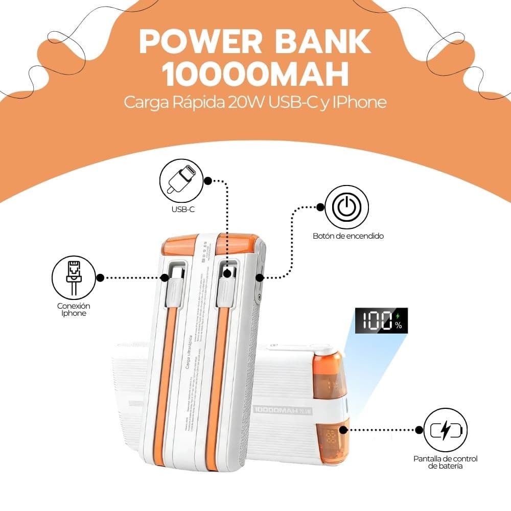 Power Bank 10000mah Carga Rápida 20w Usb-c Naranja — imagen 3