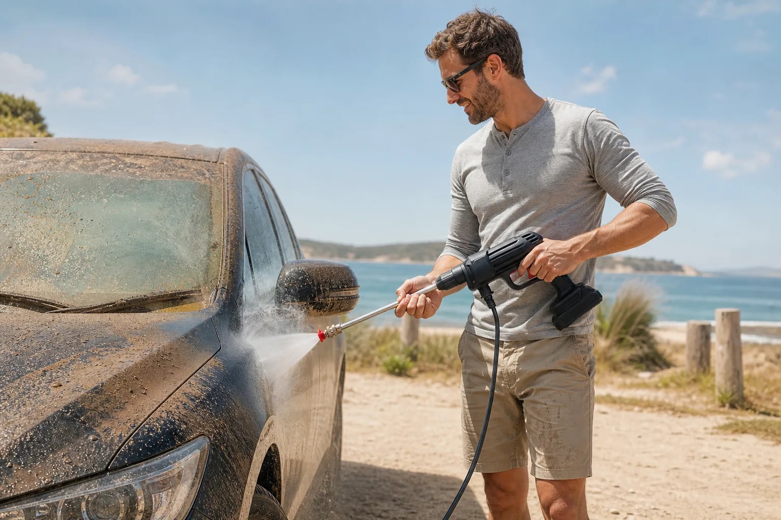 Lavado de auto en la playa o camping