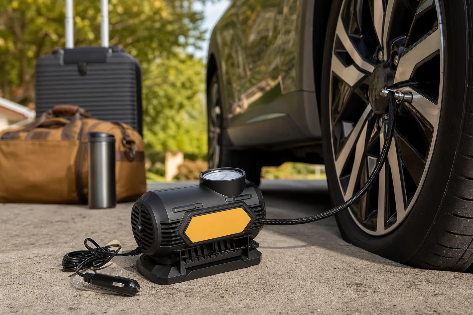 Compresor de Aire para Auto Portátil 12V | Inflador de Neumáticos 120 PSI con Manómetro y Accesorios | Compacto para Vehículo | Novystor en detalle