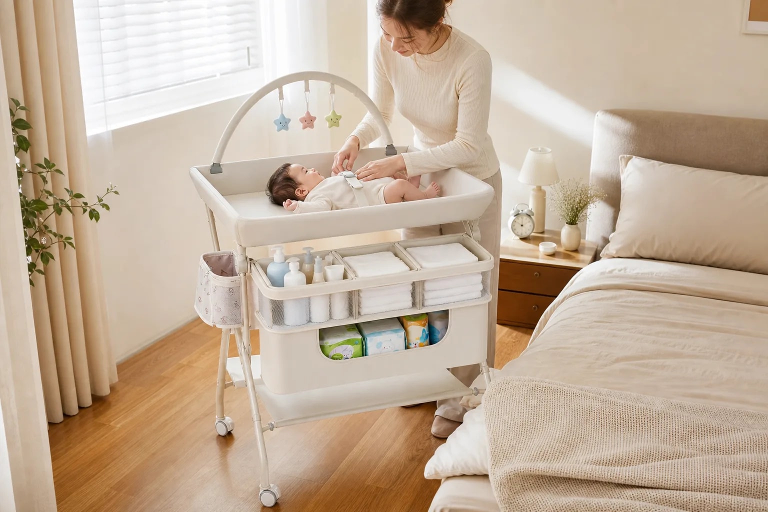 Cambiador Portátil Bebé Plegable Multifuncional con Ruedas y Almacenamiento | Mudador Blanco para Organizar Accesorios en detalle