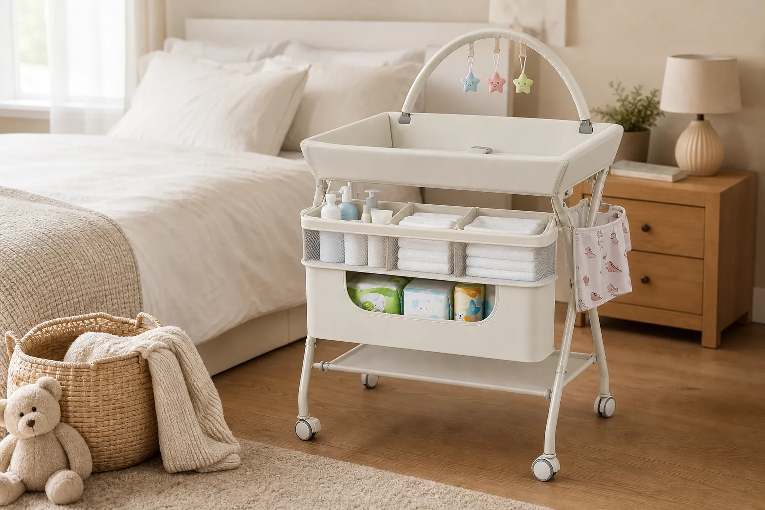 Cambiador Portátil Bebé Plegable Multifuncional con Ruedas y Almacenamiento | Mudador Blanco para Organizar Accesorios