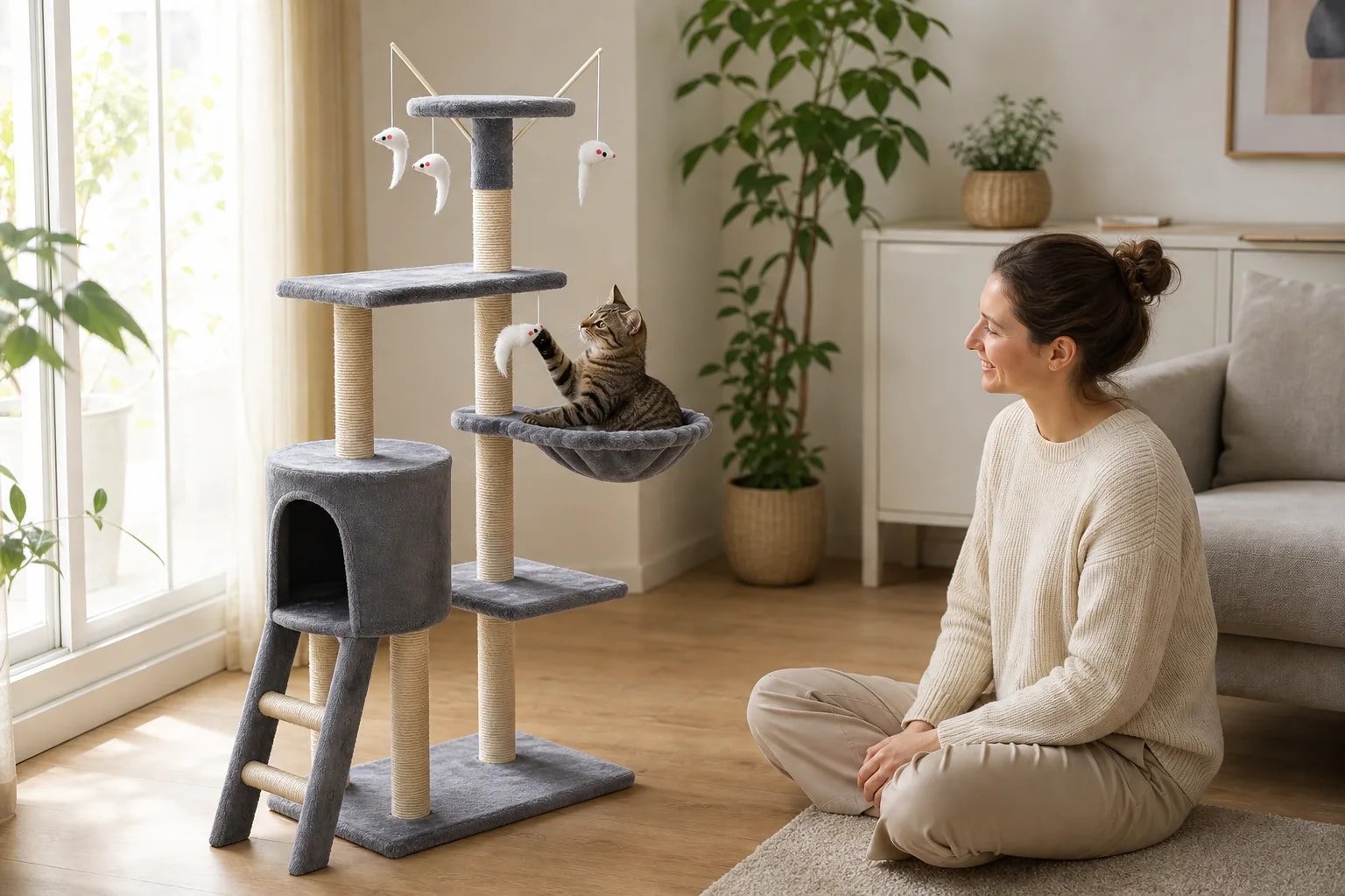 Rascador Torre Para Gatos con Hamaca y Juguetes | Árbol Multi-Nivel de 5 Pisos con Casita para Descansar y Trepar | Novystor en detalle