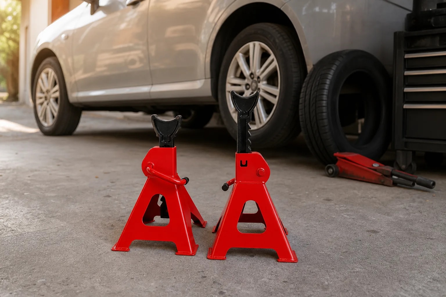 Caballetes de madera para auto 3 toneladas | Set de 2 banquillos mecánicos ajustables de 28,5 a 42 cm con estructura de acero reforzado | Novystor