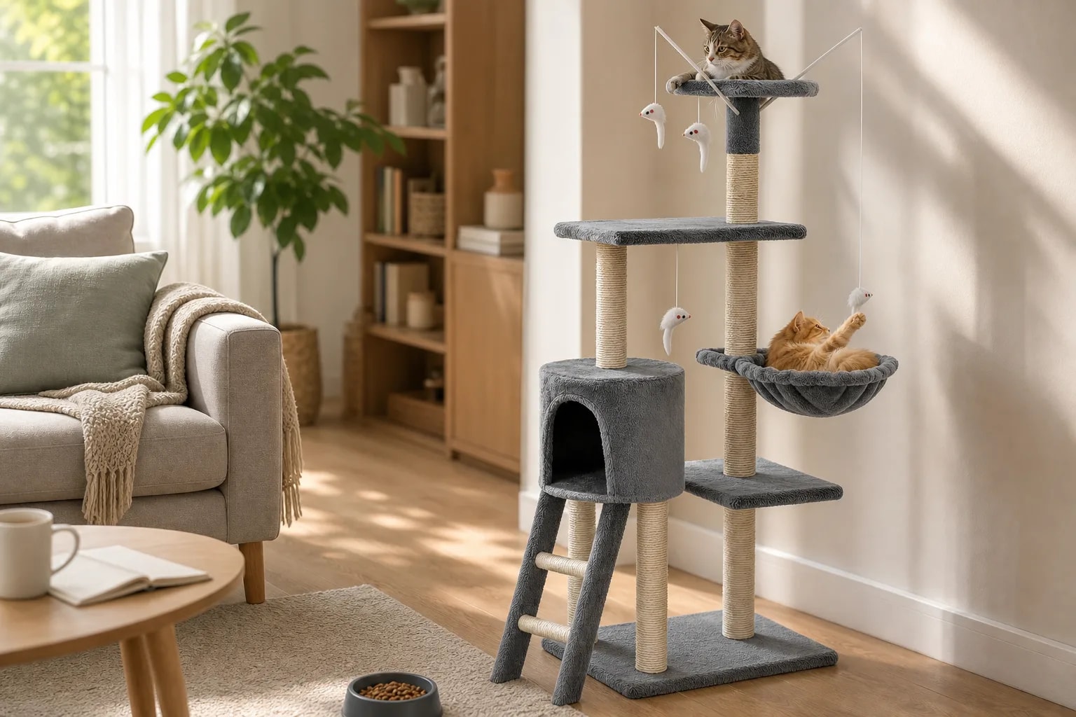 Rascador Torre Para Gatos con Hamaca y Juguetes | Árbol Multi-Nivel de 5 Pisos con Casita para Descansar y Trepar | Novystor