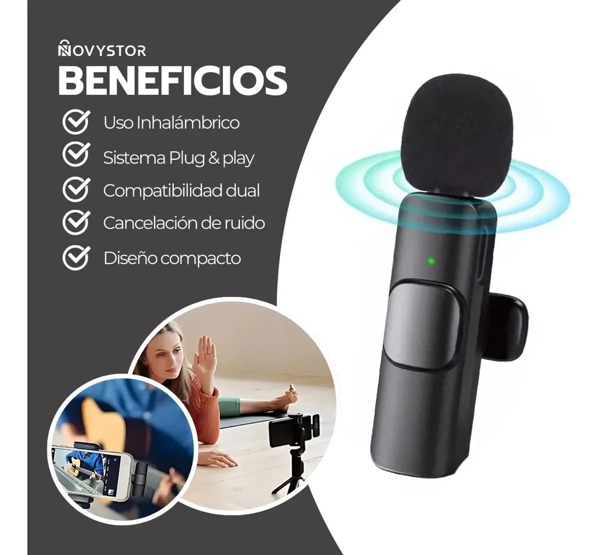 Micrófono Inalámbrico Con Adaptador Celular Tipo C Y iPhone Color Negro — imagen 3