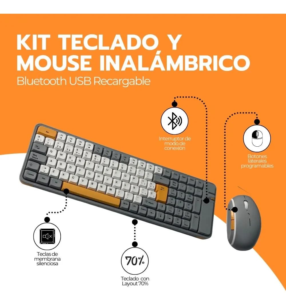 Kit Teclado Y Mouse Inalámbrico Numérico Bluetooth Usb Amarillo Gris Oscuro — imagen 3