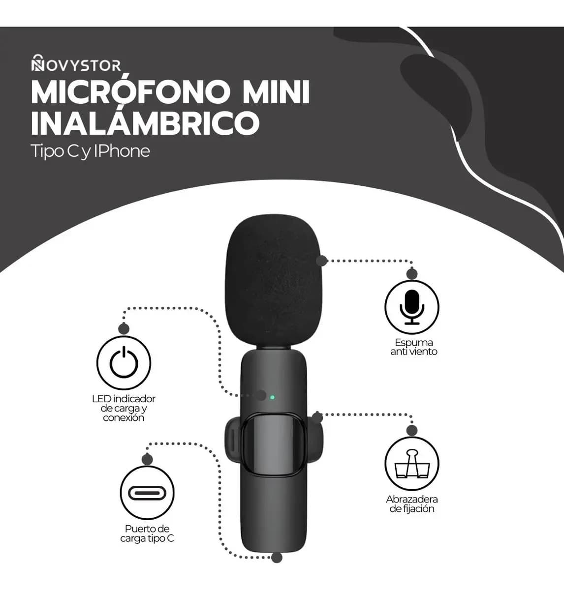 Micrófono Inalámbrico Con Adaptador Celular Tipo C Y iPhone Color Negro — imagen 2