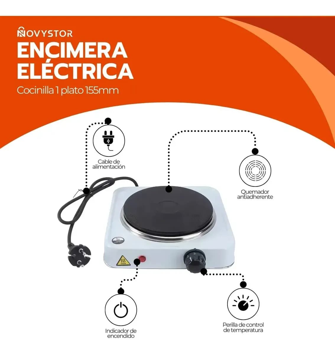 Cocinilla Eléctrica Portátil 1 Plato 155mm Acero Inox Color Blanco — imagen 4