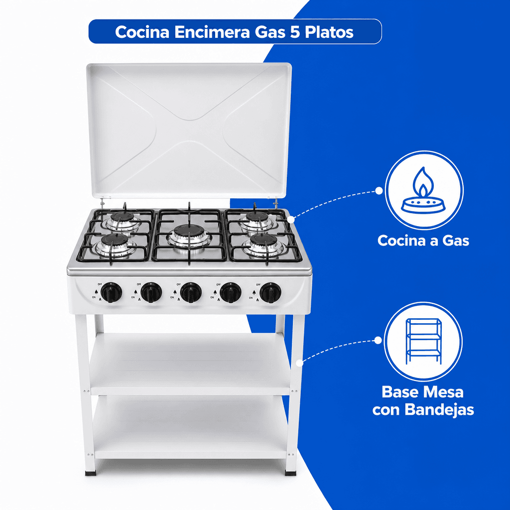 Cocina Encimera Gas 5 Platos con Mesa y Tapa de Acero — imagen 3