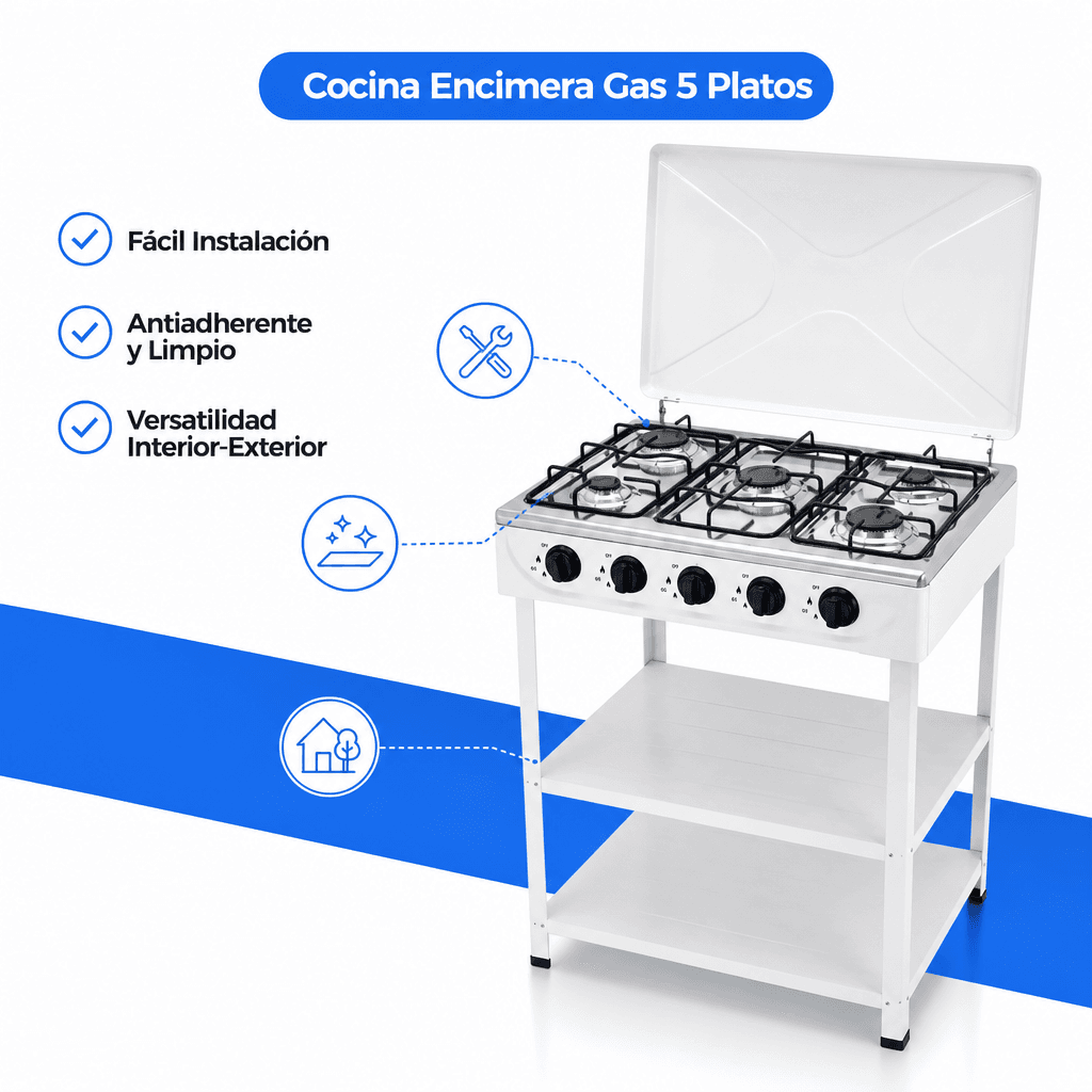 Cocina Encimera Gas 5 Platos con Mesa y Tapa de Acero — imagen 4
